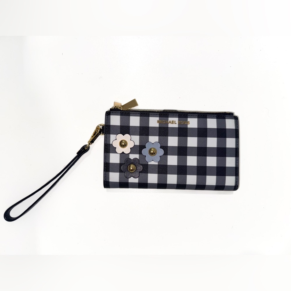 Michael Kors Gingham Wristlet with Floral Accents
